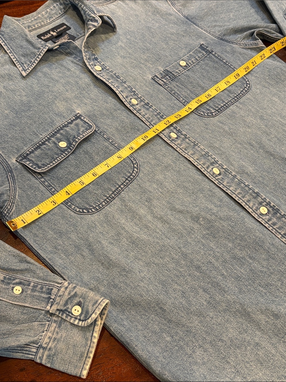 Vintage Ralph Lauren 90s Light Blue Denim Button-Front Workshirt Unisex Medium - Picture 9 of 10
